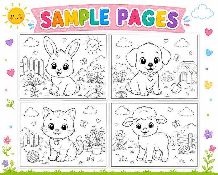 Baby Animals Coloring Pages for Kids Ages 5-7, Bunny Puppy Kitten Chick Duckling Lamb Calf, Printable PDF Download - Image 4