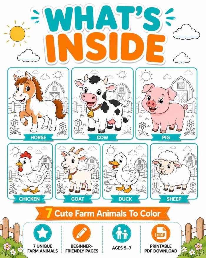 Farm Animal Coloring Pages for Kids Ages 5-7, Printable PDF, Horse Cow Pig Sheep Goat Duck Chicken, Instant Download - Image 3