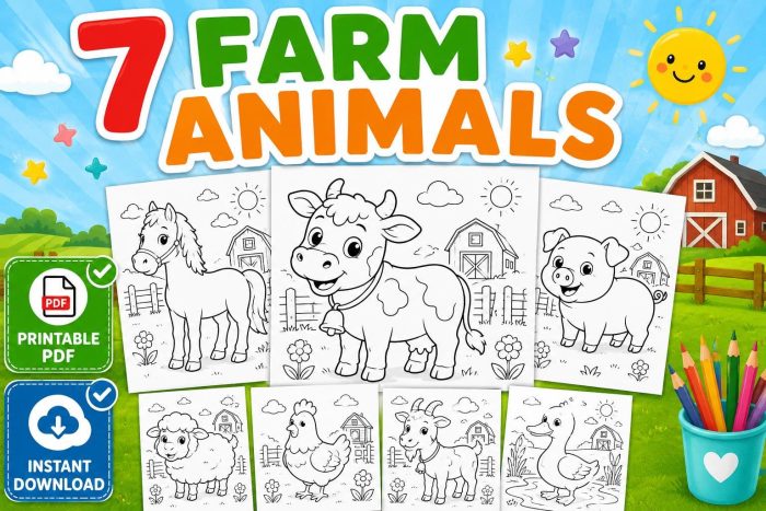 Farm Animal Coloring Pages for Kids Ages 5-7, Printable PDF, Horse Cow Pig Sheep Goat Duck Chicken, Instant Download - Image 6