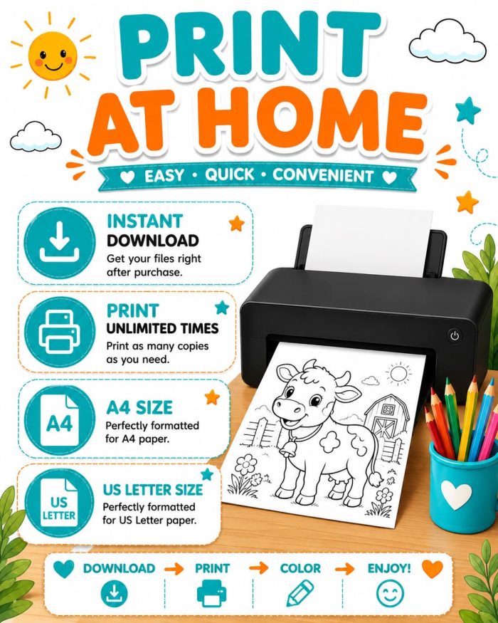 Farm Animal Coloring Pages for Kids Ages 5-7, Printable PDF, Horse Cow Pig Sheep Goat Duck Chicken, Instant Download - Image 10