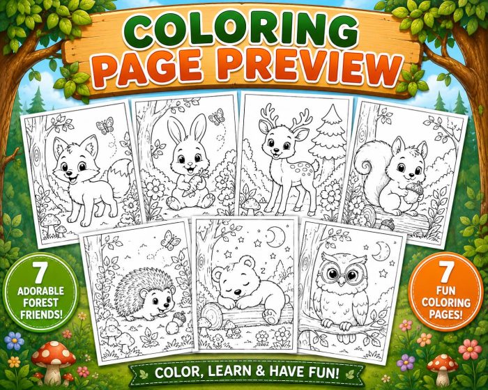 Forest Animals Coloring Pages, Printable PDF for Kids Ages 5-7, Fox Rabbit Deer Bear Owl Hedgehog Squirrel Activity Book - Image 6
