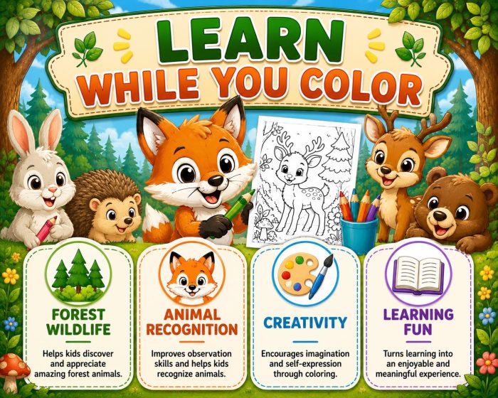 Forest Animals Coloring Pages, Printable PDF for Kids Ages 5-7, Fox Rabbit Deer Bear Owl Hedgehog Squirrel Activity Book - Image 3