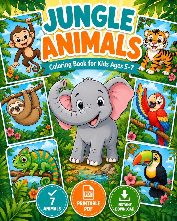 Jungle Animals Coloring Book for Kids Ages 5-7, Printable PDF, Elephant Tiger Monkey, Homeschool Activity, Instant Download - Image 2