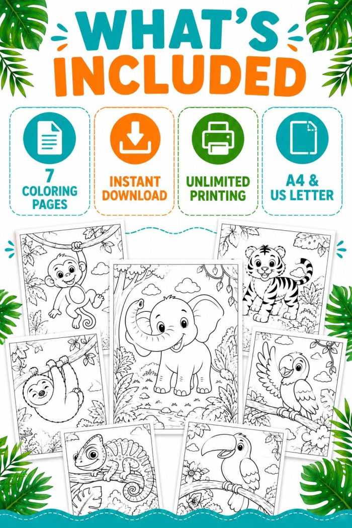 Jungle Animals Coloring Book for Kids Ages 5-7, Printable PDF, Elephant Tiger Monkey, Homeschool Activity, Instant Download - Image 4