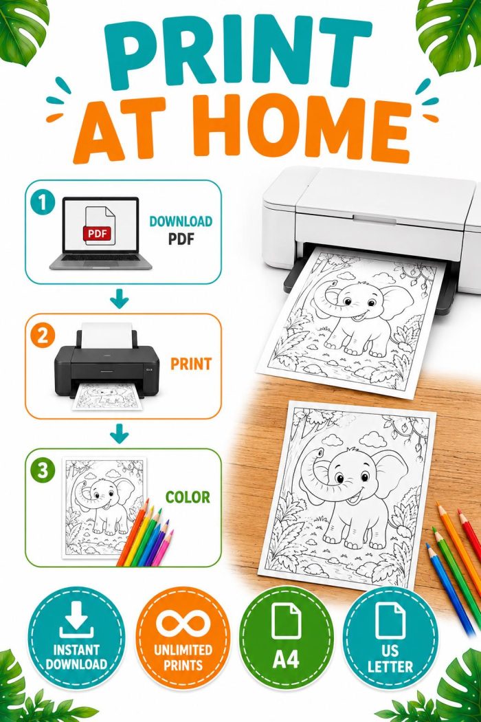 Jungle Animals Coloring Book for Kids Ages 5-7, Printable PDF, Elephant Tiger Monkey, Homeschool Activity, Instant Download - Image 8