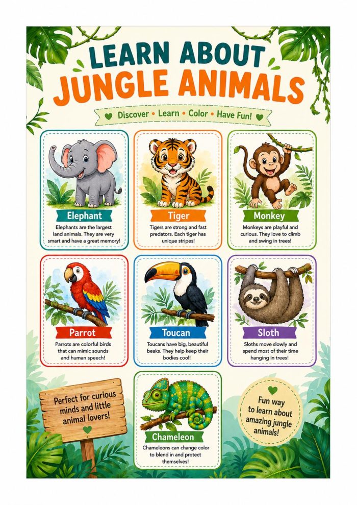 Jungle Animals Coloring Book for Kids Ages 5-7, Printable PDF, Elephant Tiger Monkey, Homeschool Activity, Instant Download - Image 5