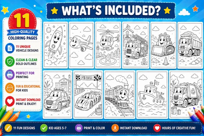 1 Vehicle Coloring Pages for Kids, Printable PDF Activity Book, Ages 5-7, Instant Download - Image 3