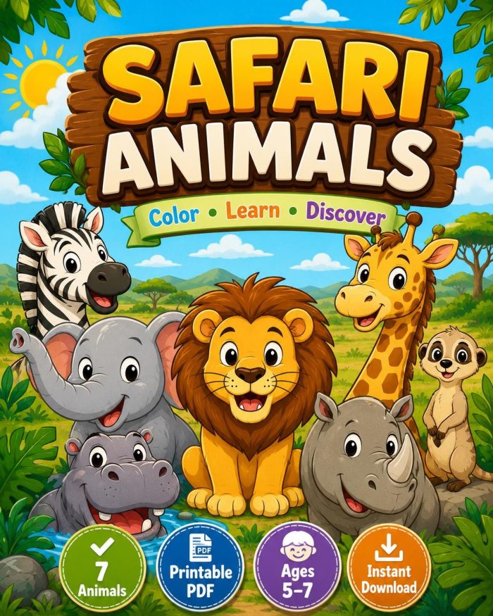 Safari Animal Coloring Pages, Printable PDF for Kids Ages 5-7, Lion Elephant Giraffe Zebra Hippo Rhino Meerkat Activity - Image 10