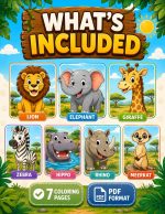 Safari Animal Coloring Pages, Printable PDF for Kids Ages 5-7, Lion Elephant Giraffe Zebra Hippo Rhino Meerkat Activity - Image 2