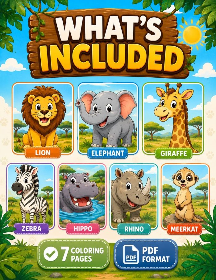 Safari Animal Coloring Pages, Printable PDF for Kids Ages 5-7, Lion Elephant Giraffe Zebra Hippo Rhino Meerkat Activity - Image 2
