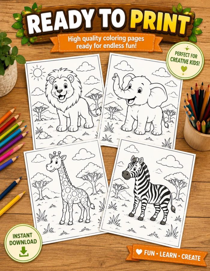 Safari Animal Coloring Pages, Printable PDF for Kids Ages 5-7, Lion Elephant Giraffe Zebra Hippo Rhino Meerkat Activity - Image 8