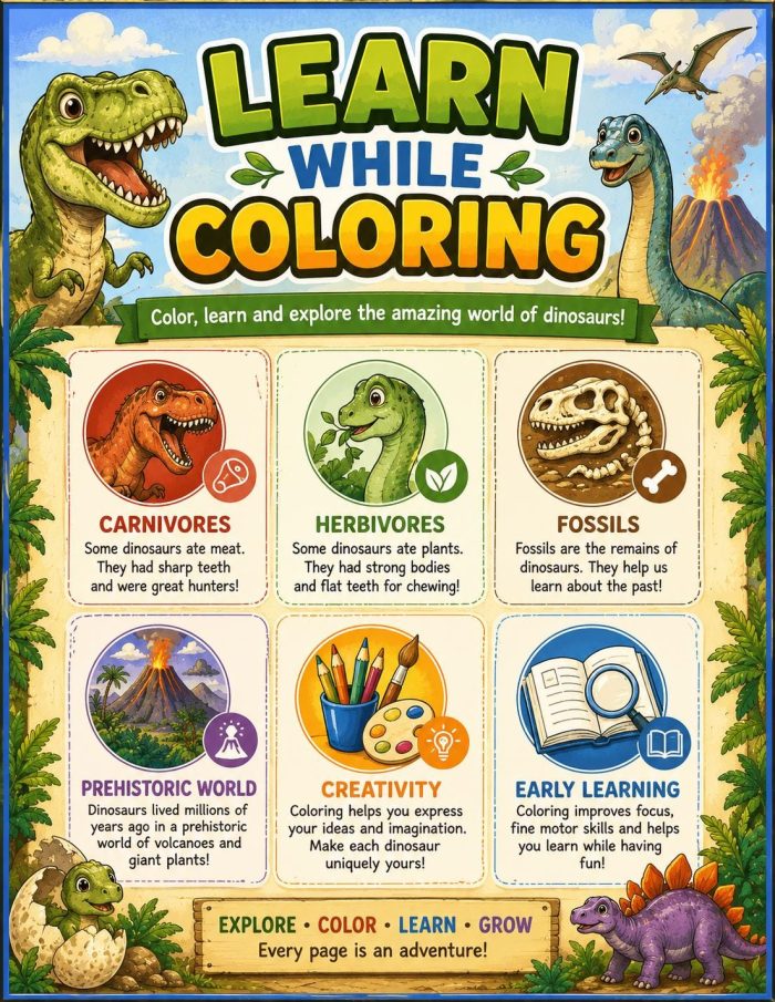 Dinosaur Coloring Book for Kids Ages 5-7, Printable PDF Activity, T-Rex Triceratops Velociraptor, Homeschool Fun - Image 3