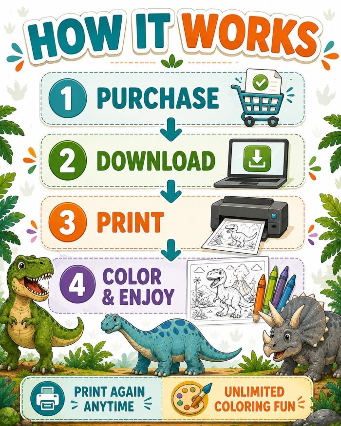 Dinosaur Coloring Book for Kids Ages 5-7, Printable PDF Activity, T-Rex Triceratops Velociraptor, Homeschool Fun - Image 9