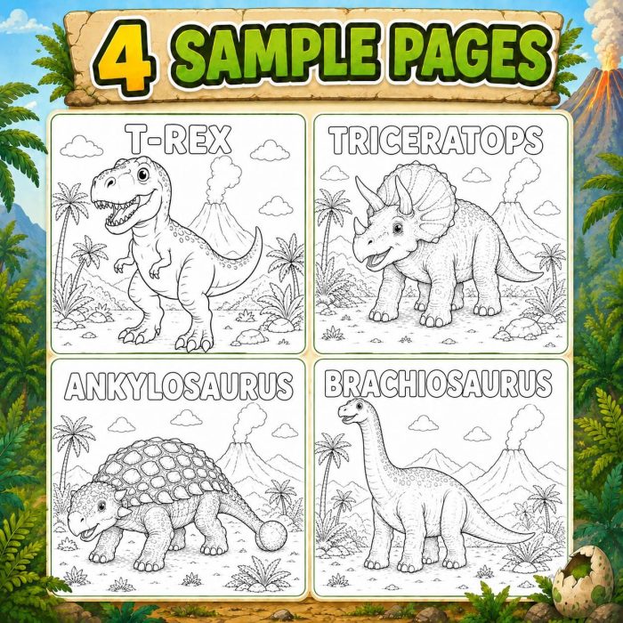Dinosaur Coloring Book for Kids Ages 5-7, Printable PDF Activity, T-Rex Triceratops Velociraptor, Homeschool Fun - Image 4