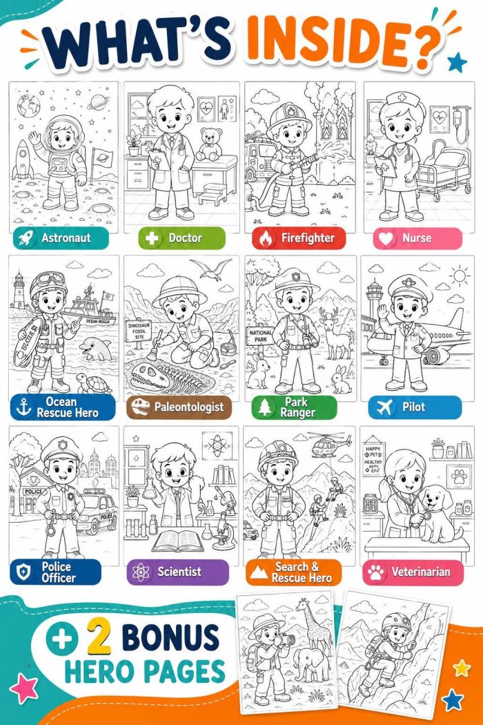 Jobs & Heroes Coloring Book for Kids Ages 5-7, Career Coloring Pages, Astronaut Doctor Firefighter Police, Printable PDF, Instant Download - Image 3