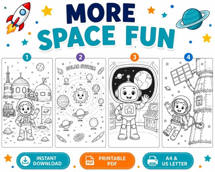 Astronaut Alien Rocket Coloring Pages for Kids Ages 5-7, Space Adventure Printable PDF, Homeschool Activity - Image 3