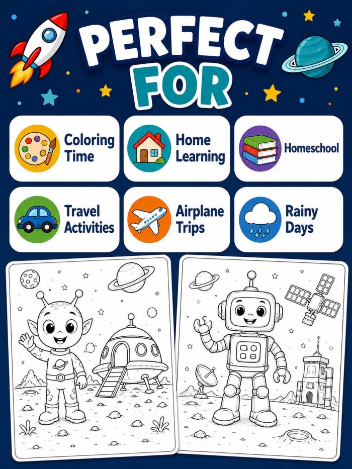 Astronaut Alien Rocket Coloring Pages for Kids Ages 5-7, Space Adventure Printable PDF, Homeschool Activity - Image 7