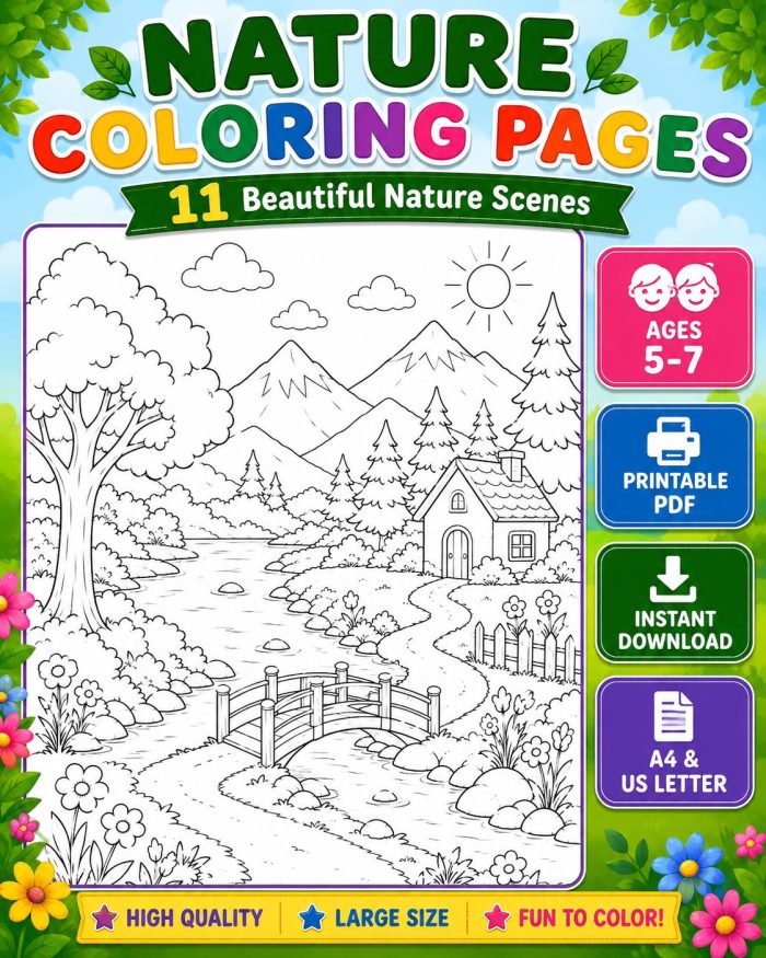 Nature Coloring Pages for Kids,11 Scenes,Printable PDF ,Forest, Beach&Desert  Instant Download - Image 10