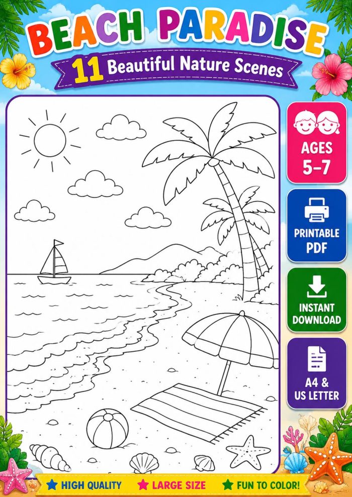 Nature Coloring Pages for Kids,11 Scenes,Printable PDF ,Forest, Beach&Desert  Instant Download - Image 14