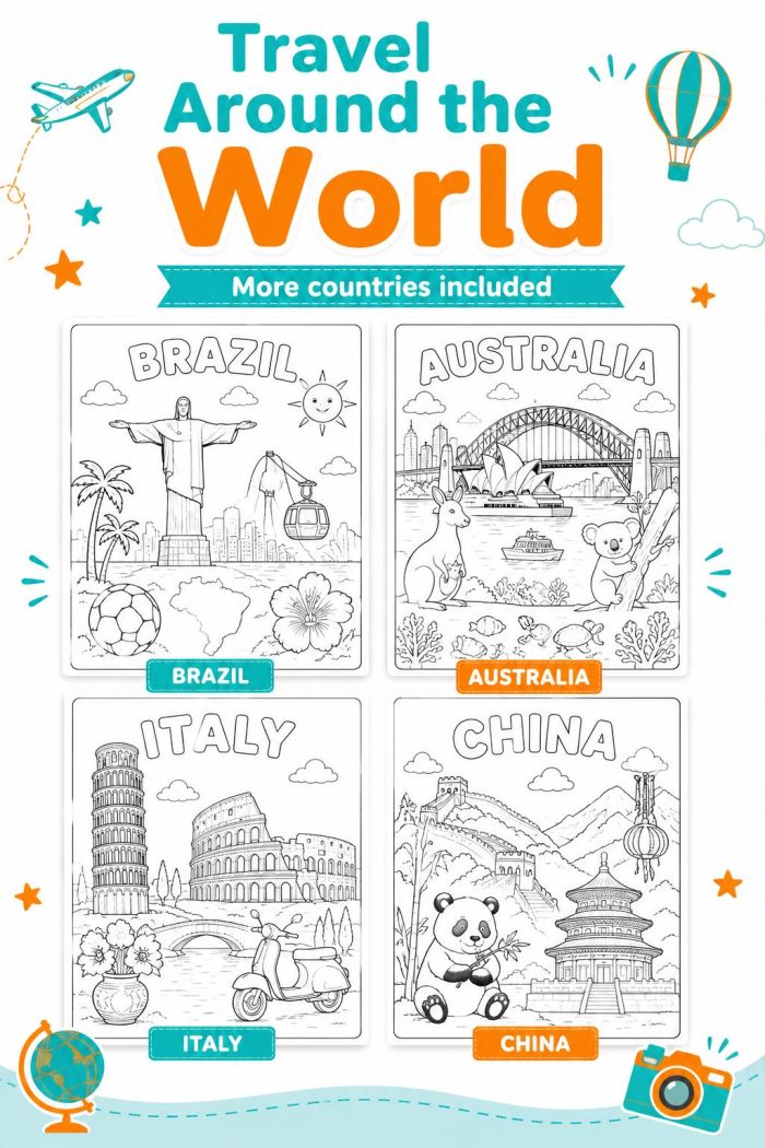 Around the World Coloring Pages, 22 Countries Printable PDF (Digital Download) - Image 5