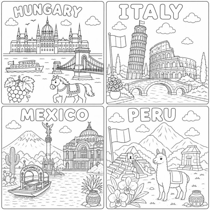 Around the World Coloring Pages, 22 Countries Printable PDF (Digital Download) - Image 16