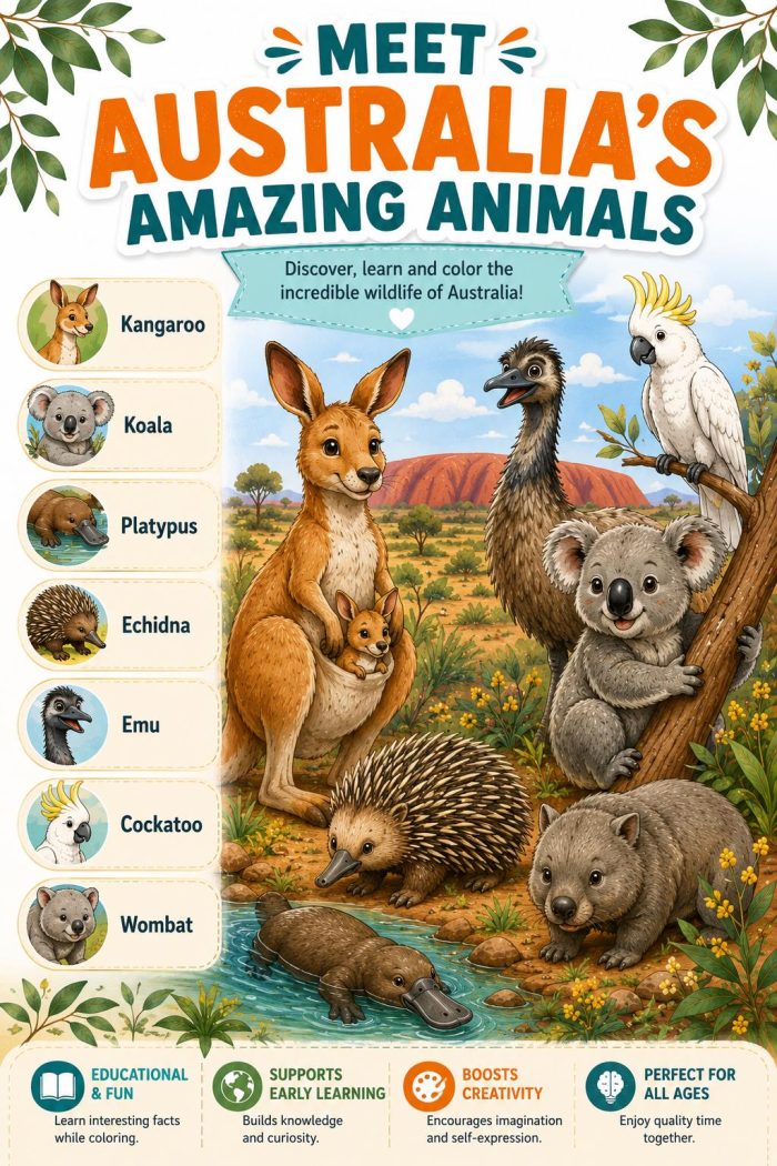 Australian Animals Coloring Book for Kids Ages 5-7 | Koala Kangaroo Platypus Printable PDF | Educational Animal Activity - Image 9