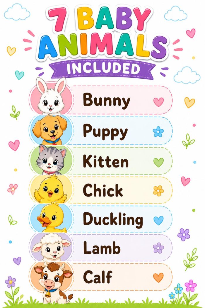 Baby Animals Coloring Pages for Kids Ages 5-7, Bunny Puppy Kitten Chick Duckling Lamb Calf, Printable PDF Download - Image 3