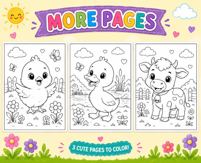 Baby Animals Coloring Pages for Kids Ages 5-7, Bunny Puppy Kitten Chick Duckling Lamb Calf, Printable PDF Download - Image 5