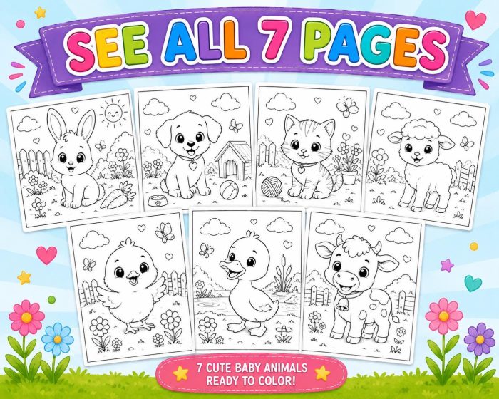 Baby Animals Coloring Pages for Kids Ages 5-7, Bunny Puppy Kitten Chick Duckling Lamb Calf, Printable PDF Download - Image 6