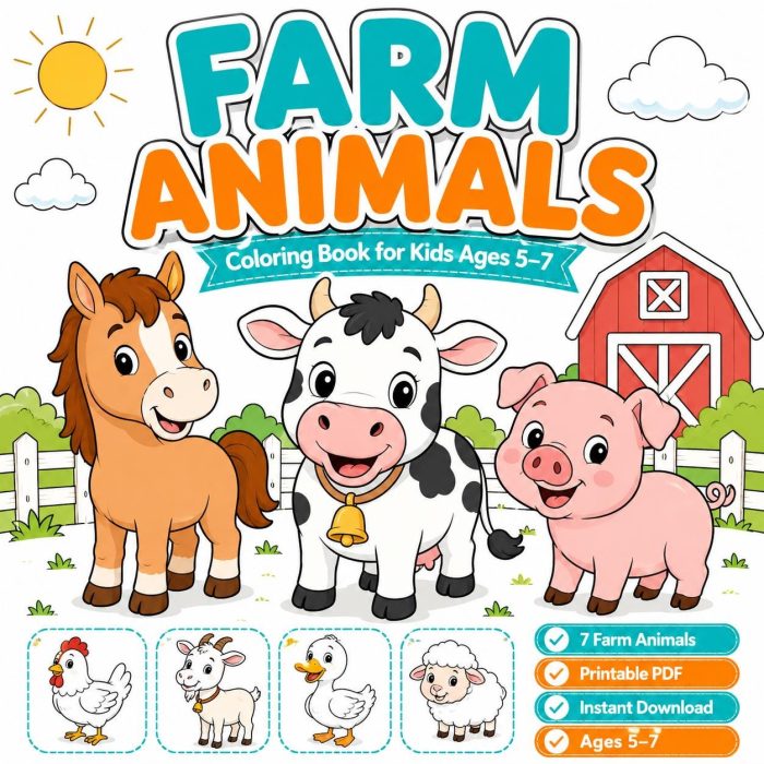 Farm Animal Coloring Pages for Kids Ages 5-7, Printable PDF, Horse Cow Pig Sheep Goat Duck Chicken, Instant Download - Image 2