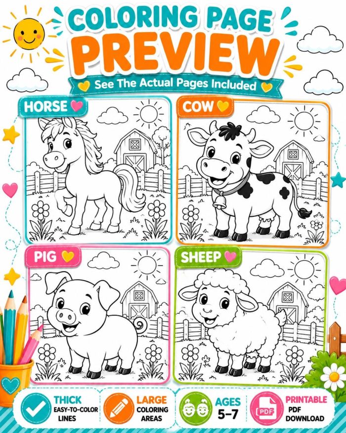 Farm Animal Coloring Pages for Kids Ages 5-7, Printable PDF, Horse Cow Pig Sheep Goat Duck Chicken, Instant Download - Image 4