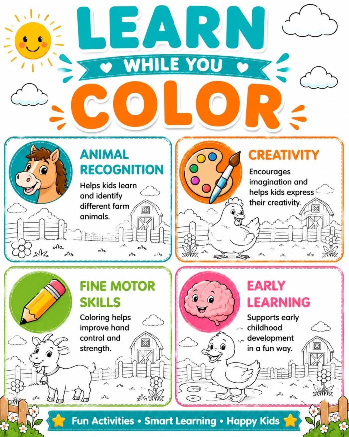 Farm Animal Coloring Pages for Kids Ages 5-7, Printable PDF, Horse Cow Pig Sheep Goat Duck Chicken, Instant Download - Image 8