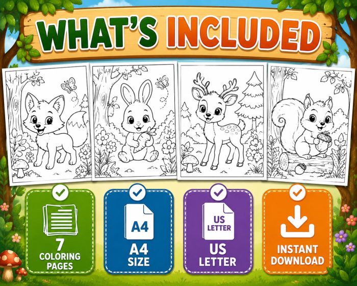 Forest Animals Coloring Pages, Printable PDF for Kids Ages 5-7, Fox Rabbit Deer Bear Owl Hedgehog Squirrel Activity Book - Image 5