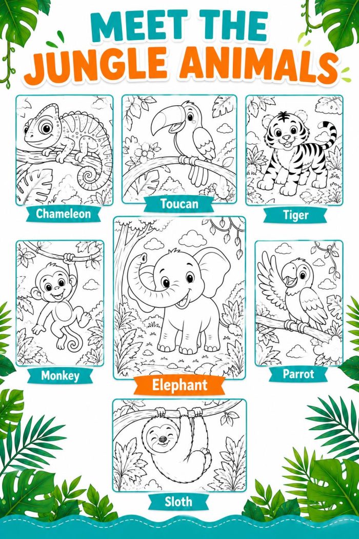 Jungle Animals Coloring Book for Kids Ages 5-7, Printable PDF, Elephant Tiger Monkey, Homeschool Activity, Instant Download - Image 3