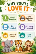 Jungle Animals Coloring Book for Kids Ages 5-7, Printable PDF, Elephant Tiger Monkey, Homeschool Activity, Instant Download - Image 10