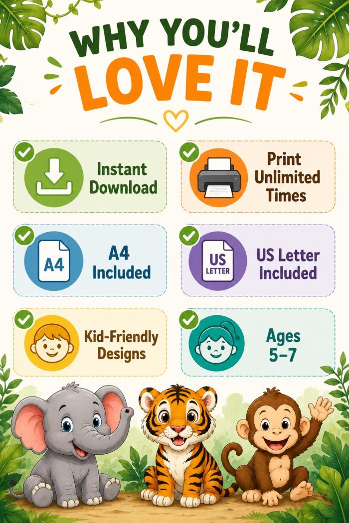Jungle Animals Coloring Book for Kids Ages 5-7, Printable PDF, Elephant Tiger Monkey, Homeschool Activity, Instant Download - Image 10