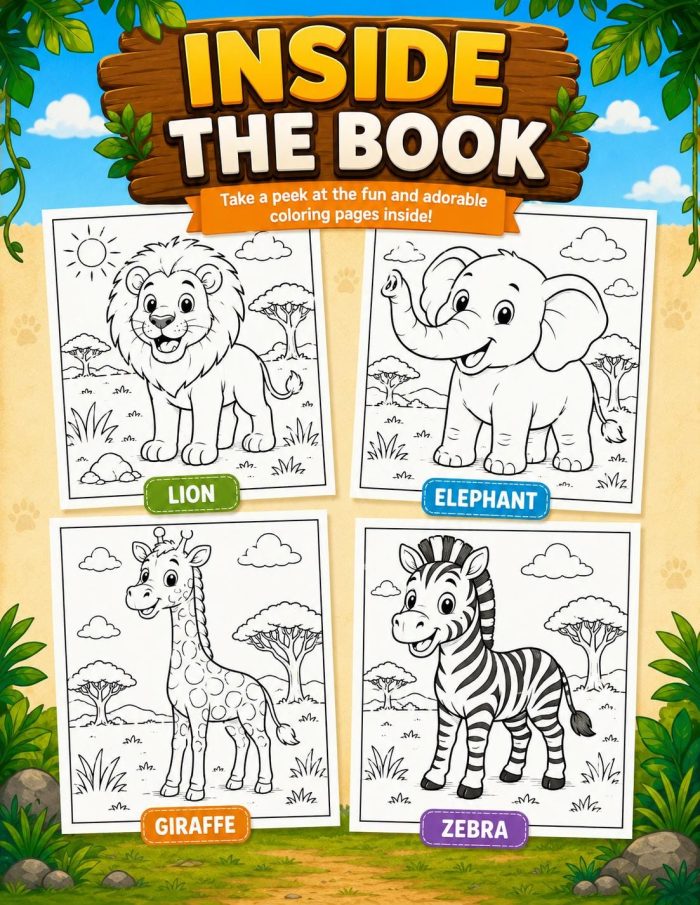 Safari Animal Coloring Pages, Printable PDF for Kids Ages 5-7, Lion Elephant Giraffe Zebra Hippo Rhino Meerkat Activity - Image 3
