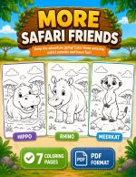 Safari Animal Coloring Pages, Printable PDF for Kids Ages 5-7, Lion Elephant Giraffe Zebra Hippo Rhino Meerkat Activity - Image 4