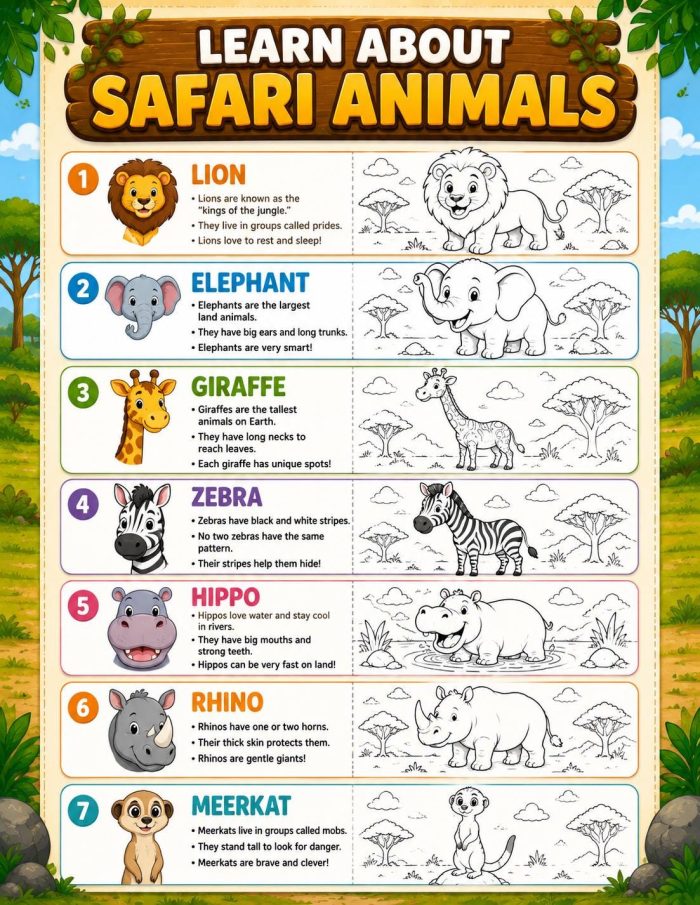 Safari Animal Coloring Pages, Printable PDF for Kids Ages 5-7, Lion Elephant Giraffe Zebra Hippo Rhino Meerkat Activity - Image 5
