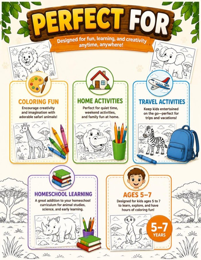 Safari Animal Coloring Pages, Printable PDF for Kids Ages 5-7, Lion Elephant Giraffe Zebra Hippo Rhino Meerkat Activity - Image 6