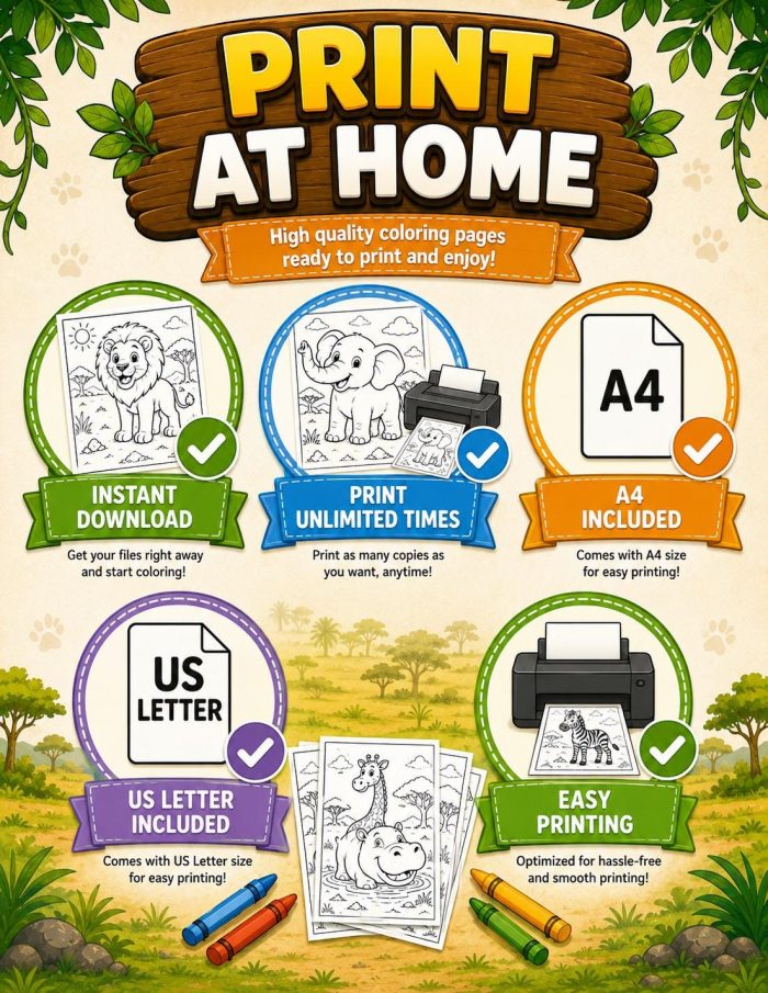 Safari Animal Coloring Pages, Printable PDF for Kids Ages 5-7, Lion Elephant Giraffe Zebra Hippo Rhino Meerkat Activity - Image 7