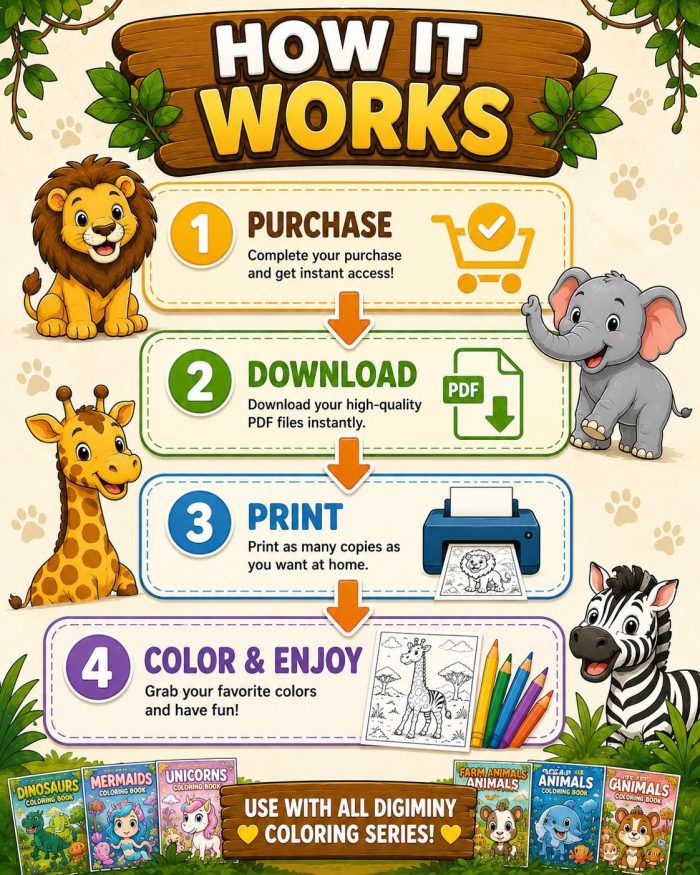 Safari Animal Coloring Pages, Printable PDF for Kids Ages 5-7, Lion Elephant Giraffe Zebra Hippo Rhino Meerkat Activity - Image 9