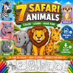 Safari Animal Coloring Pages, Printable PDF for Kids Ages 5-7, Lion Elephant Giraffe Zebra Hippo Rhino Meerkat Activity