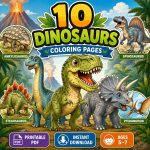 Dinosaur Coloring Book for Kids Ages 5-7, Printable PDF Activity, T-Rex Triceratops Velociraptor, Homeschool Fun