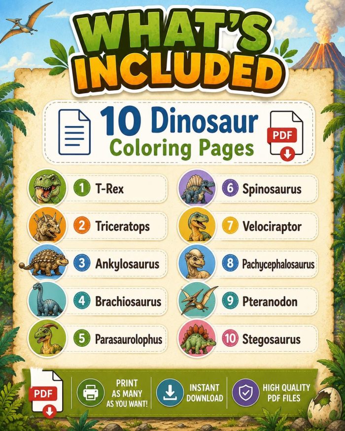 Dinosaur Coloring Book for Kids Ages 5-7, Printable PDF Activity, T-Rex Triceratops Velociraptor, Homeschool Fun - Image 2