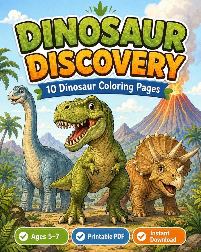 Dinosaur Coloring Book for Kids Ages 5-7, Printable PDF Activity, T-Rex Triceratops Velociraptor, Homeschool Fun - Image 10