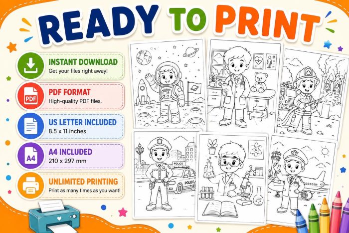 Jobs & Heroes Coloring Book for Kids Ages 5-7, Career Coloring Pages, Astronaut Doctor Firefighter Police, Printable PDF, Instant Download - Image 8