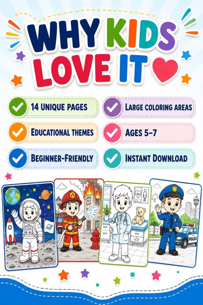 Jobs & Heroes Coloring Book for Kids Ages 5-7, Career Coloring Pages, Astronaut Doctor Firefighter Police, Printable PDF, Instant Download - Image 10
