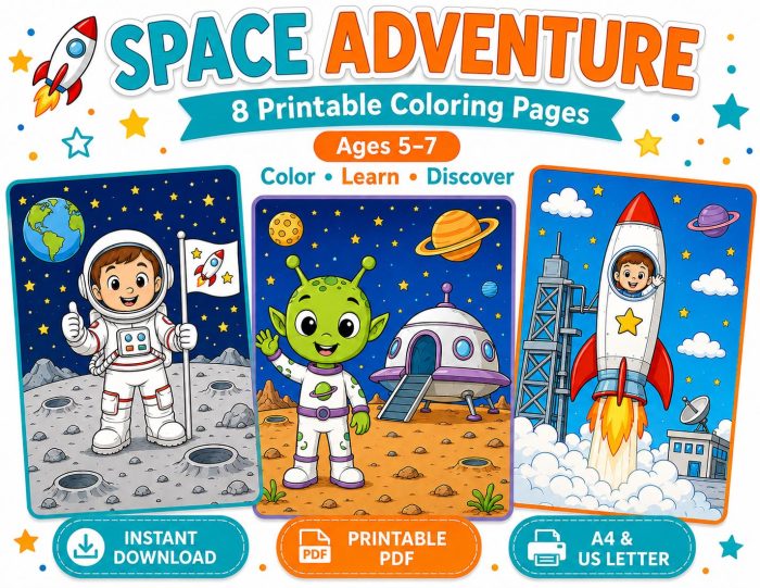 Astronaut Alien Rocket Coloring Pages for Kids Ages 5-7, Space Adventure Printable PDF, Homeschool Activity - Image 9