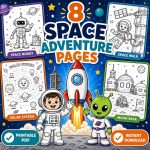 Astronaut Alien Rocket Coloring Pages for Kids Ages 5-7, Space Adventure Printable PDF, Homeschool Activity
